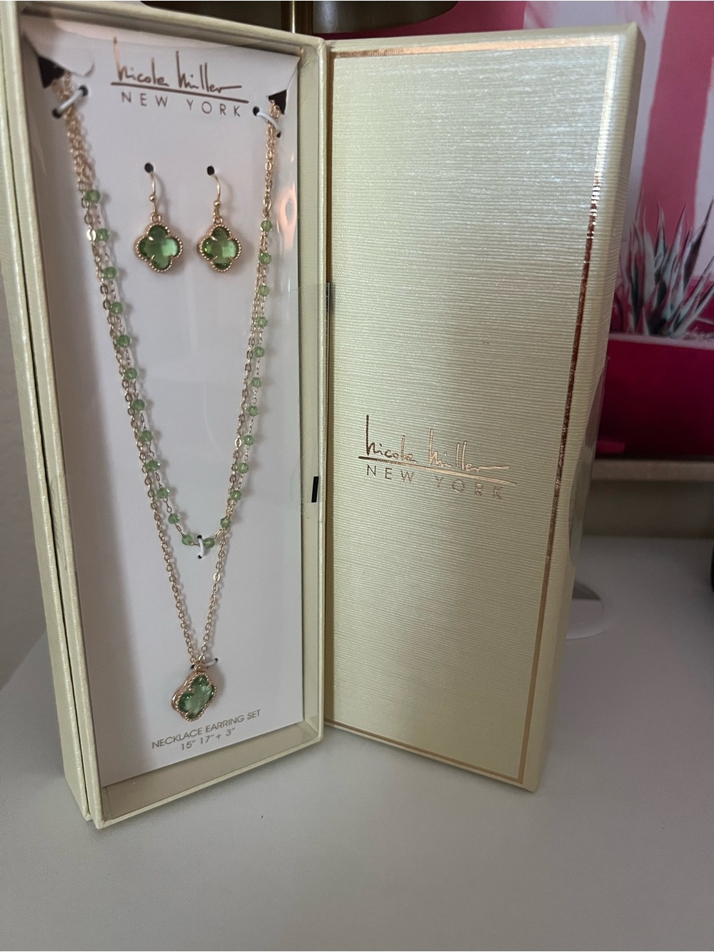 Nicole Miller Gold-Tone Necklace and Clover Drop Earrings with Green Stones
